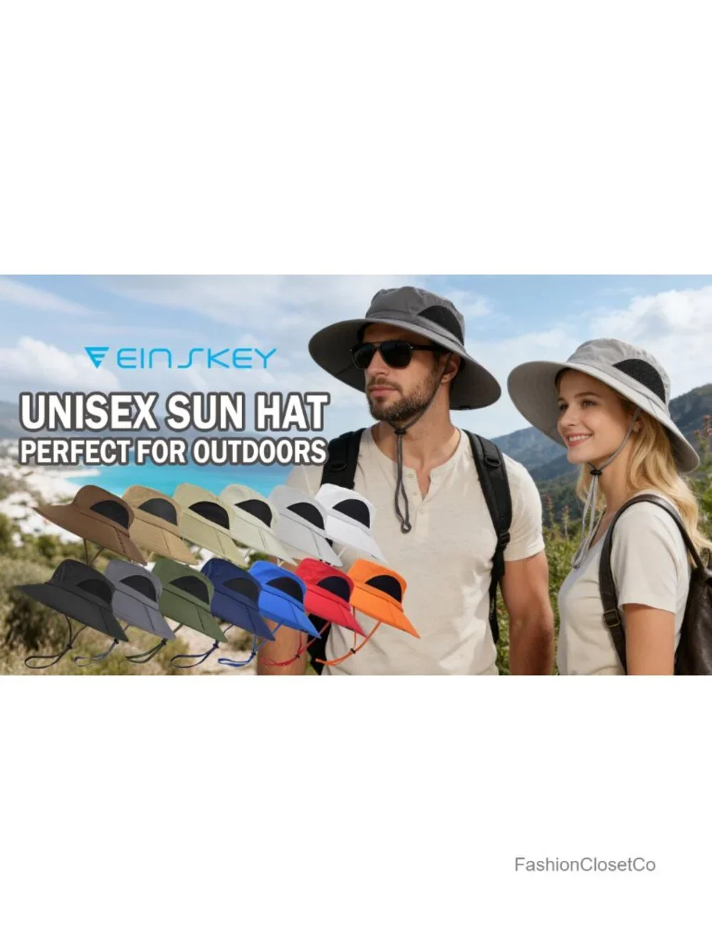 Wide Brim Sun Bucket Hat UPF 50+ Waterproof Adjustable Chin Strap Unisex